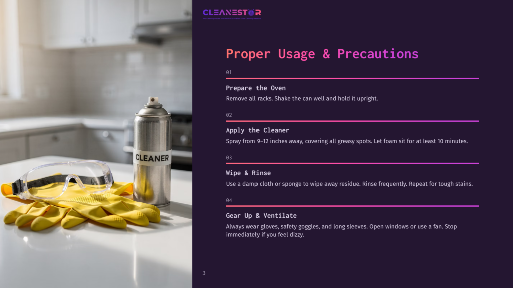 3 Proper Usage And Precautions A Can Of Oven Cleaner Spray Sits Next To Yellow Rubber Gloves And Safety Goggles On A Clean Kitchen Counter, With Instructions For Oven Cleaning Visible In The Background.