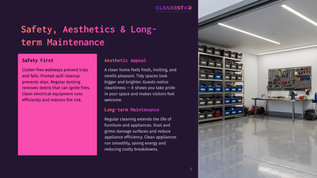Cleanestor Logo And Text &Quot;Safety, Aesthetics &Amp; Long-Term Maintenance&Quot; On A Dark Purple Background, With A Photo Of A Well-Organized Garage Or Workshop In The Background.