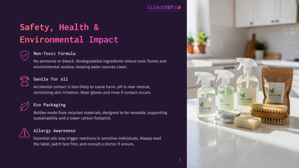Four Bottles Of Eco-Friendly Cleaning Products, Two Sprays And Two Larger Bottles, Sit On A Wooden Counter Next To A Bag Of Natural Sponges. The Bottles Are Clear With White Labels That Say &Quot;Celcok&Quot; And &Quot;Naturally Clean Home&Quot;.