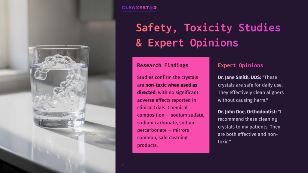 3 Safety Toxicity Studies And Expert Opinions Clear Aligner Trays Submerged In Water In A Glass, With Text Overlay Detailing Safety And Expert Opinions On Cleaning Crystals.