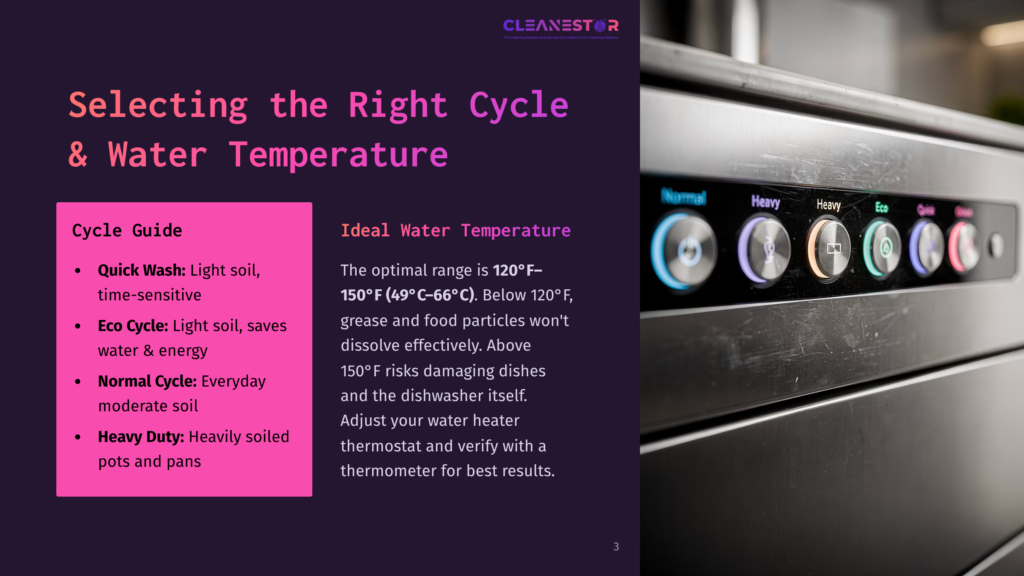 Close-Up Of A Dishwasher Control Panel With Illuminated Buttons For &Quot;Normal,&Quot; &Quot;Heavy,&Quot; &Quot;Eco,&Quot; And &Quot;Quick&Quot; Wash Cycles, Alongside Text About Selecting The Right Cycle And Water Temperature.