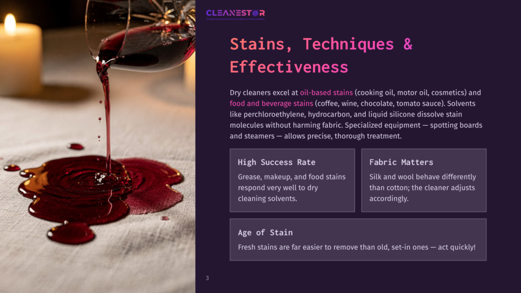 A Glass Of Red Wine Is Tilted, Pouring A Deep Red Liquid Onto A Textured, Light-Colored Fabric, Creating A Prominent Wine Stain. The Image Is Part Of A Cleanestor Presentation About Stains, Techniques, And Effectiveness, Highlighting Oil-Based And Food/Beverage Stains.