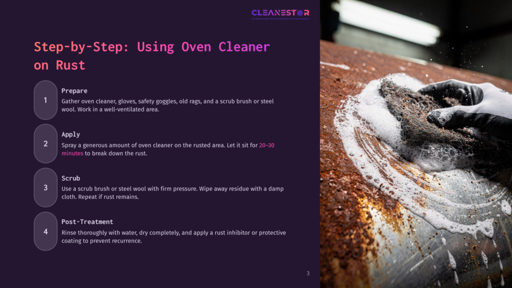 A Gloved Hand Scrubs A Heavily Rusted Metal Surface With A Dark Cleaning Brush, Creating A White Foam. Instructions For Cleaning Oven Rust Are Displayed On The Left.