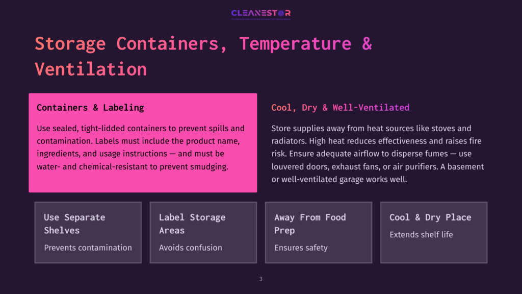 Storage Containers, Temperature &Amp; Ventilation: Use Sealed Containers, Label Storage Areas, Ensure Airflow, And Maintain Cool, Dry Conditions For Safe Chemical Storage.
