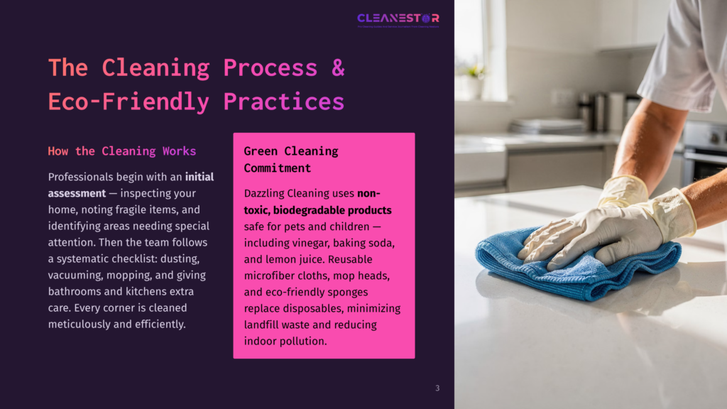 Hands In Light Yellow Cleaning Gloves Use A Blue Microfiber Cloth To Wipe A Shiny Stainless Steel Countertop In A Bright, Modern Kitchen. The Text &Quot;Cleanestor&Quot; Is At The Top.