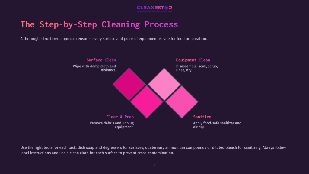 3 The Step By Step Cleaning Process Diagram Illustrating The Step-By-Step Cleaning Process: Surface Clean, Clear &Amp; Prep, Equipment Clean, And Sanitize, With A Pink And Purple Color Scheme.