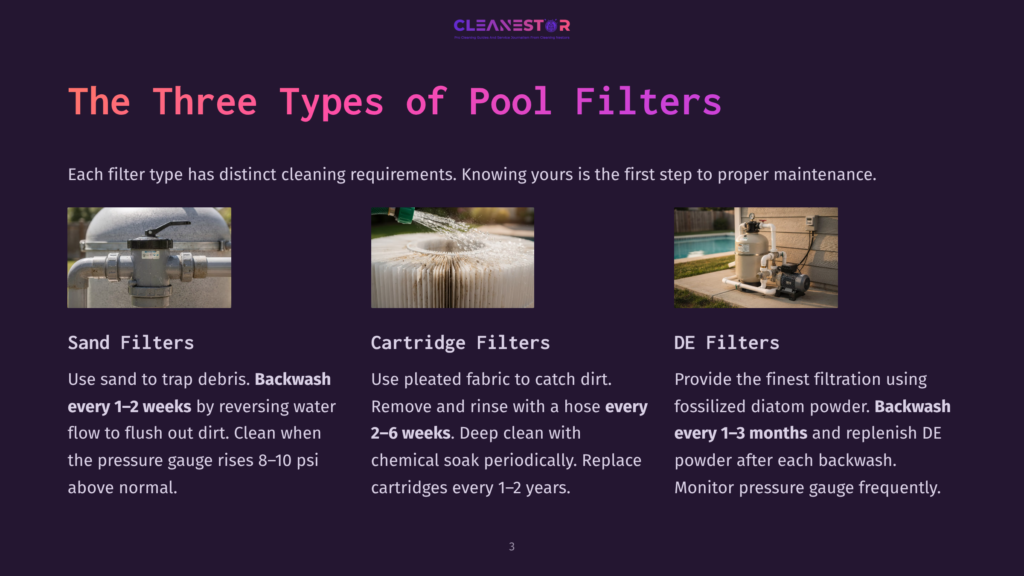 3 The Three Types Of Pool Filters Three Types Of Pool Filters: Sand Filter With Plumbing, Cartridge Filter Being Cleaned With Water Spray, And De Filter With A Pump And Tank. Text Reads &Quot;The Three Types Of Pool Filters: Sand Filters, Cartridge Filters, De Filters&Quot;.