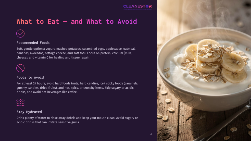 A Bowl Of Yogurt With Sliced Bananas And Oats, Set Against A Rustic Wooden Background. Text On The Left Lists Recommended Foods And Foods To Avoid.