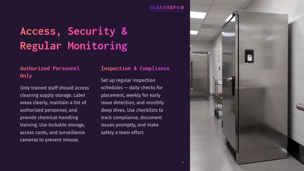 Cleanestor Logo At The Top Of A Slide With The Text &Quot;Access, Security &Amp; Regular Monitoring&Quot; And Details On Authorized Personnel And Inspection &Amp; Compliance.