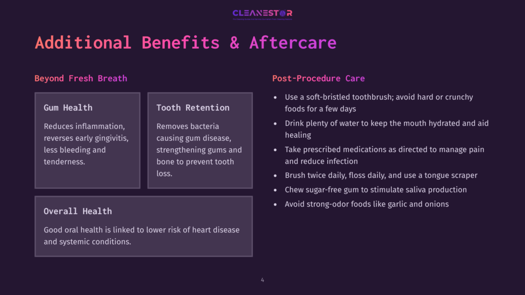 A Slide Titled &Quot;Additional Benefits &Amp; Aftercare&Quot; Lists Benefits Of Good Oral Health, Including Gum Health And Tooth Retention, And Post-Procedure Care Instructions.