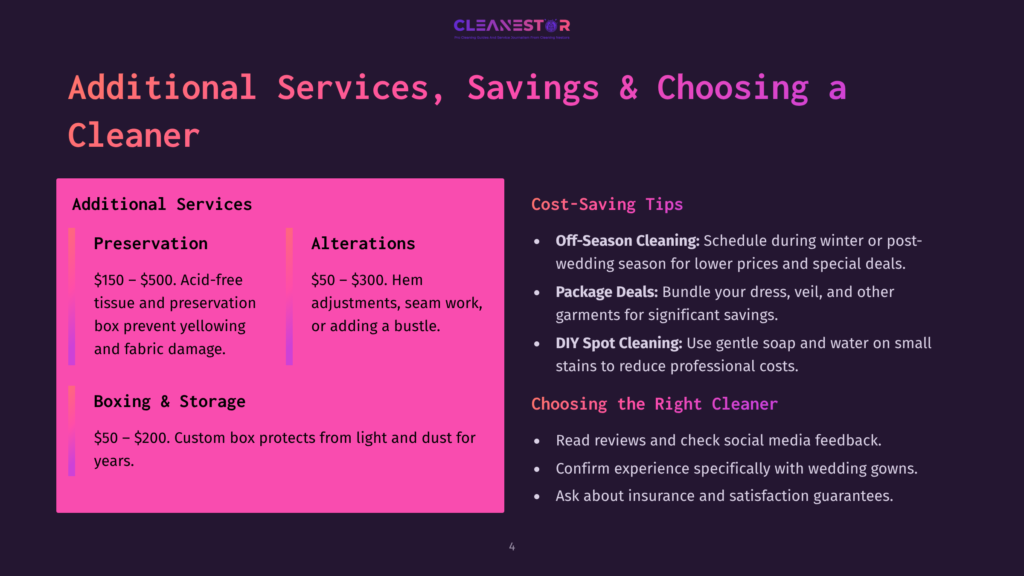 Dark Background With Text Detailing Additional Cleaning Services Like Preservation, Alterations, Boxing &Amp; Storage, And Cost-Saving Tips Such As Off-Season Cleaning, Package Deals, And Diy Spot Cleaning.