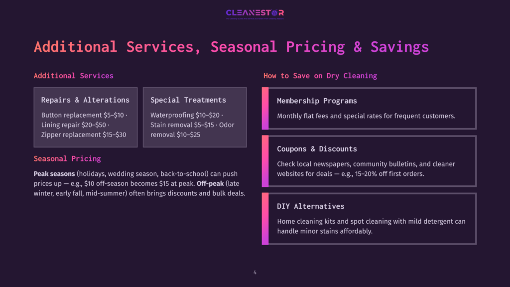 Cleanestor Graphic Detailing Additional Services Like Repairs And Alterations, Special Treatments Like Waterproofing, And Membership Programs With Monthly Flat Fees. It Also Lists Coupons And Discounts, And Diy Alternatives For Home Cleaning.