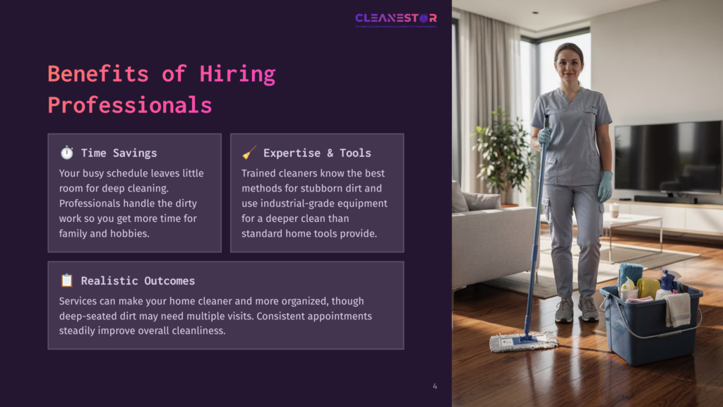 A Professional Cleaner In Blue Scrubs Stands In A Modern Living Room, Holding A Mop And Bucket, Ready For Deep Cleaning. Text Overlays Highlight Benefits Of Hiring Cleaning Professionals.