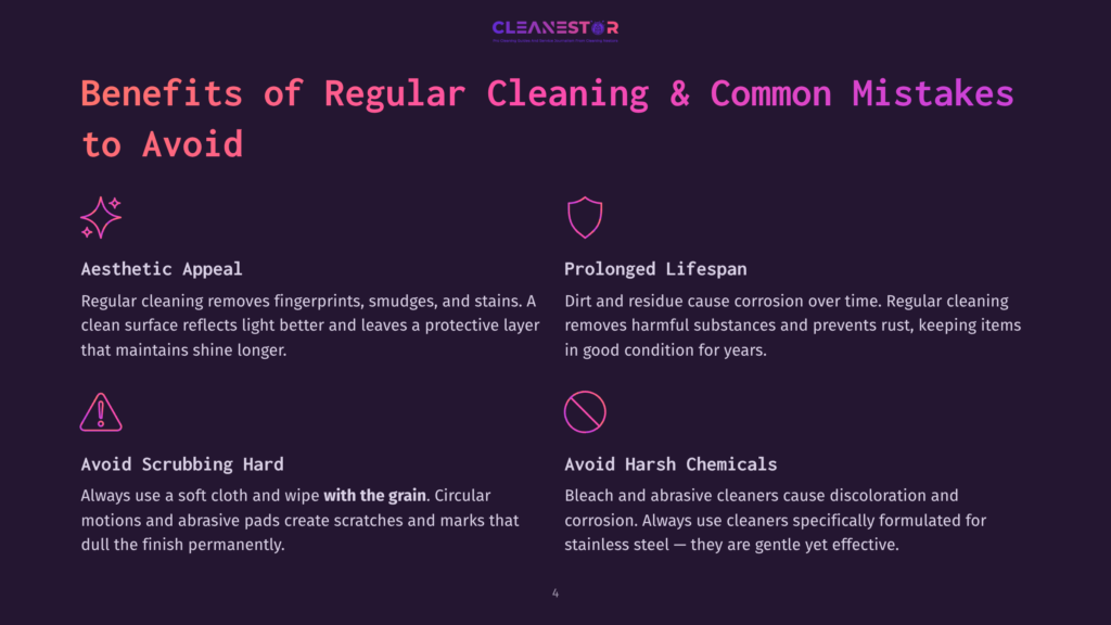 Infographic Titled &Quot;Benefits Of Regular Cleaning &Amp; Common Mistakes To Avoid,&Quot; Detailing Aesthetic Appeal, Prolonged Lifespan, Avoiding Scrubbing Hard, And Avoiding Harsh Chemicals.