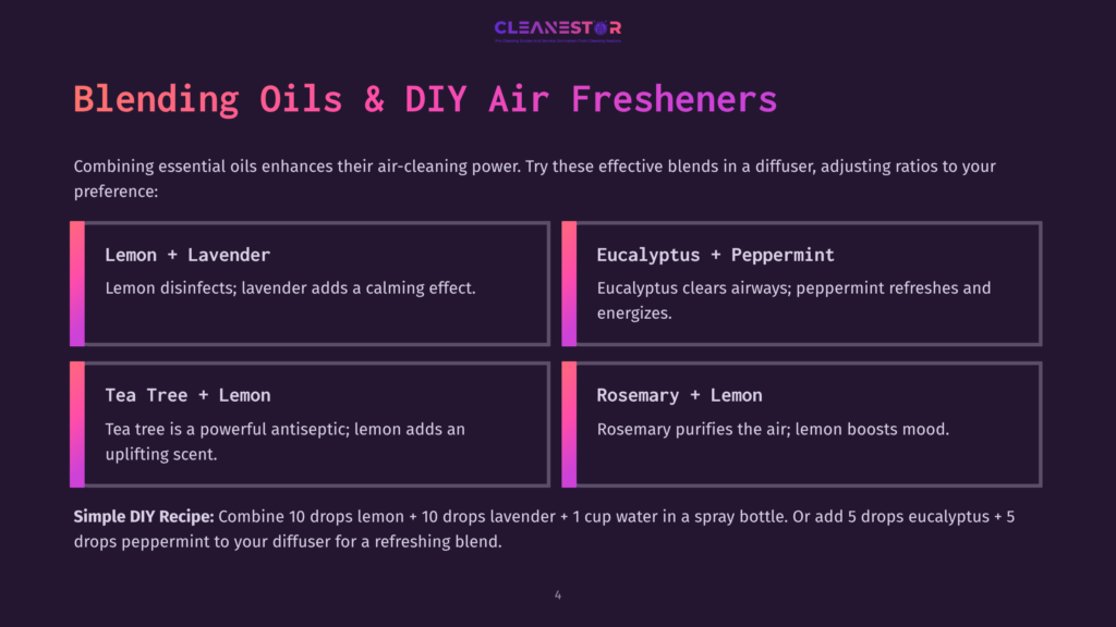 Infographic Titled &Quot;Blending Oils &Amp; Diy Air Fresheners&Quot; By Cleanestor, Detailing Essential Oil Blends Like Lemon + Lavender And Eucalyptus + Peppermint For Air Purification And Diy Recipes.