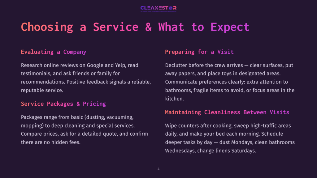 Text On A Dark Purple Background: &Quot;Choosing A Service &Amp; What To Expect.&Quot; Sections Include &Quot;Evaluating A Company,&Quot; &Quot;Service Packages &Amp; Pricing,&Quot; &Quot;Preparing For A Visit,&Quot; And &Quot;Maintaining Cleanliness Between Visits,&Quot; With Bullet Points Detailing Each.