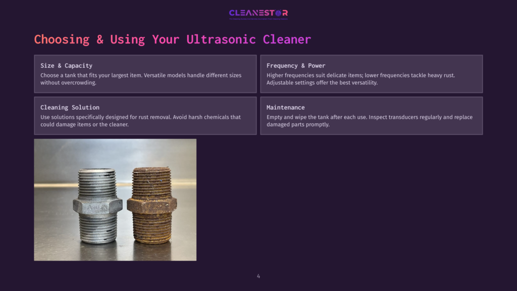 4 Choosing And Using Your Ultrasonic Cleaner Two Metal Pipe Fittings, One Shiny And New, The Other Heavily Rusted, Sit Side-By-Side, Illustrating The Effectiveness Of Ultrasonic Cleaning For Rust Removal.
