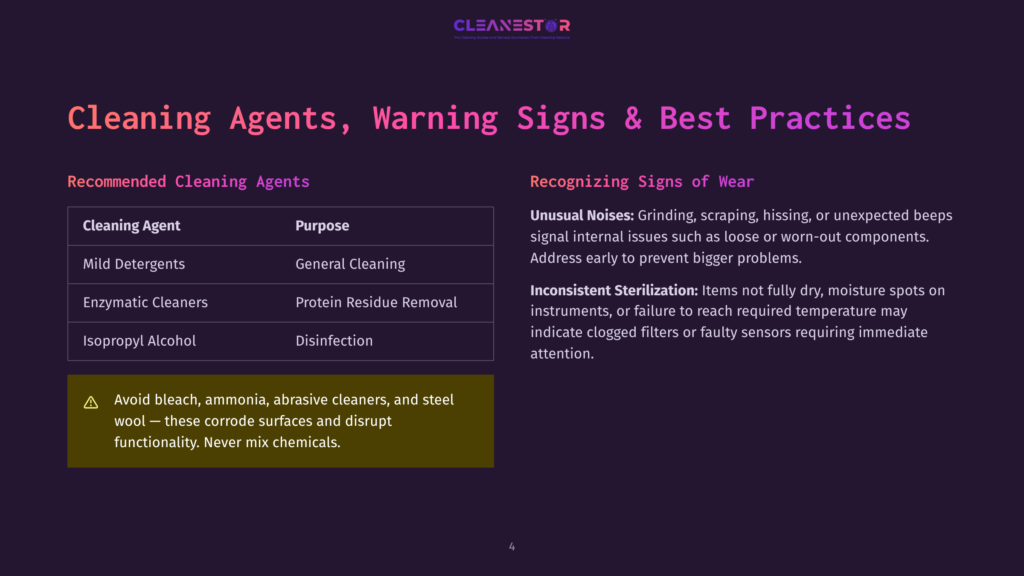 4 Cleaning Agents Warning Signs And Best Practices A Dark Purple Slide Titled &Quot;Cleaning Agents, Warning Signs &Amp; Best Practices&Quot; With Two Columns: &Quot;Recommended Cleaning Agents&Quot; Listing Mild Detergents, Enzymatic Cleaners, And Isopropyl Alcohol, And &Quot;Recognizing Signs Of Wear&Quot; Detailing Unusual Noises And Inconsistent Sterilization. A Warning Triangle With Text Is Also Visible.