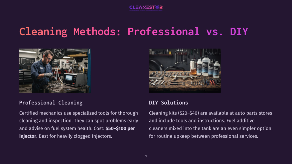 4 Cleaning Methods Professional Vs Diy Mechanic Inspects Fuel Injectors With Advanced Diagnostic Equipment, Contrasting With Diy Fuel Additive Bottles In A Workshop Setting.