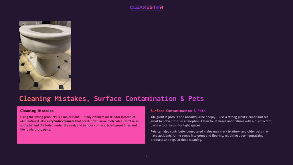 4 Cleaning Mistakes Surface Contamination And Pets Close-Up Of A White Toilet Bowl And Tiled Floor, With Text Overlay &Quot;Cleaning Mistakes, Surface Contamination &Amp; Pets&Quot;.
