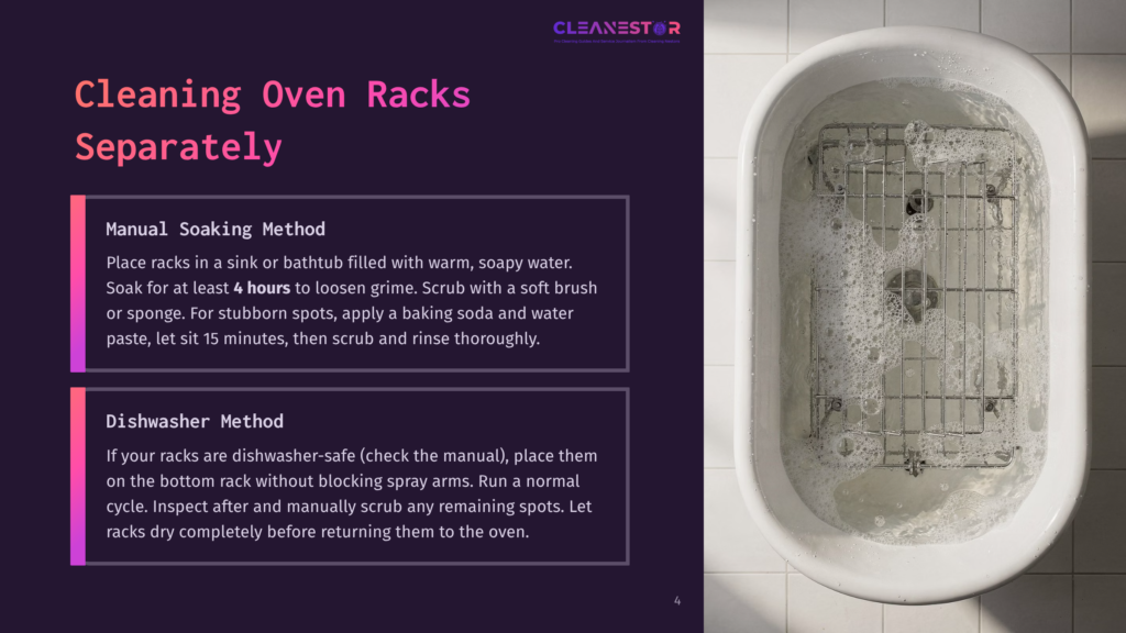 Two Oven Racks Are Soaking In A Bathtub Filled With Soapy Water, With Instructions For Cleaning Oven Racks Separately Shown To The Left.