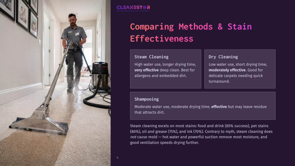 A Carpet Cleaning Technician Uses A Steam Cleaner On A Wet Carpet In A Hallway, With A Large Vacuum Machine Beside Him. The Image Highlights Steam Cleaning Methods For Effectiveness.