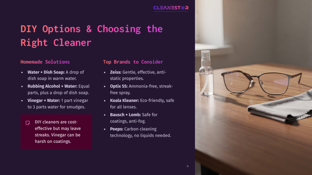 A Bottle Of Lens Cleaner Spray And Microfiber Cloth Rest On A Wooden Table Next To A Pair Of Black-Rimmed Glasses. Text On The Left Discusses Diy Lens Cleaning Solutions And Top Brands Like Zeiss, Optix, And Peeps.