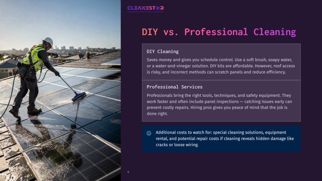 A Worker In A Safety Vest Cleans Solar Panels On A Rooftop With A Long-Handled Brush, Overlooking A City Skyline. The Image Contrasts Diy Vs. Professional Cleaning.