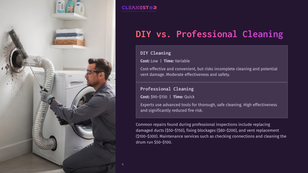 A Man In A Gray Uniform Uses A Brush To Clean A Dryer Vent Hose Connected To A White Washing Machine, Illustrating Diy Vs. Professional Cleaning.