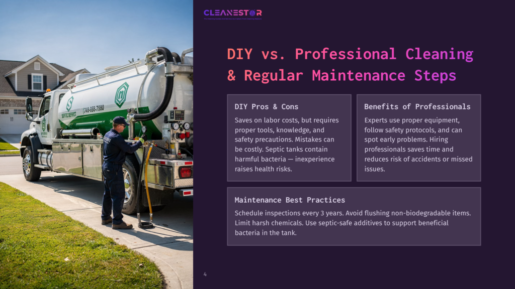 4 Diy Vs Professional Cleaning And Regular Maintenance Steps A Septic Service Truck With The Company Name &Quot;Cleanestor&Quot; And Phone Number (724) 688-7980 Is Parked In A Residential Driveway. A Worker In Blue Overalls Is Attending To The Truck'S Hose, With A House In The Background.
