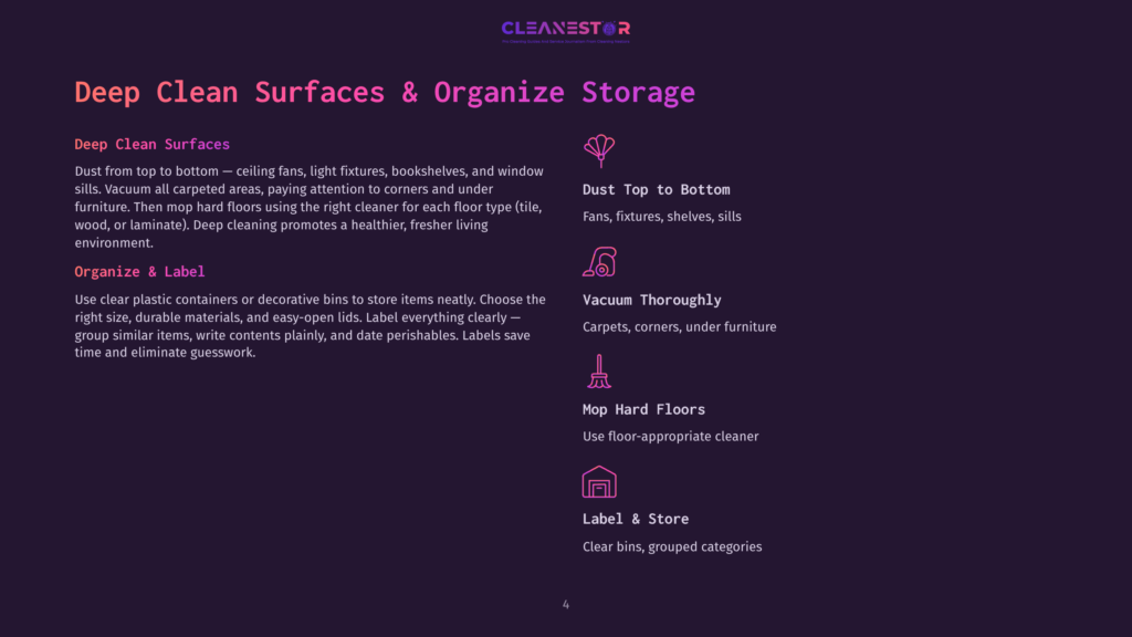 Deep Clean Surfaces &Amp; Organize Storage: Dust From Top To Bottom, Vacuum Thoroughly, Mop Hard Floors, And Label &Amp; Store For A Healthier Home.