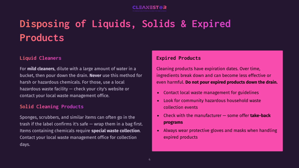 Dark Purple Background With White Text Titled &Quot;Disposing Of Liquids, Solids &Amp; Expired Products.&Quot; Left Side Details &Quot;Liquid Cleaners&Quot; And &Quot;Solid Cleaning Products&Quot; With Instructions. Right Side Titled &Quot;Expired Products&Quot; In Pink Box Lists Disposal Guidelines.
