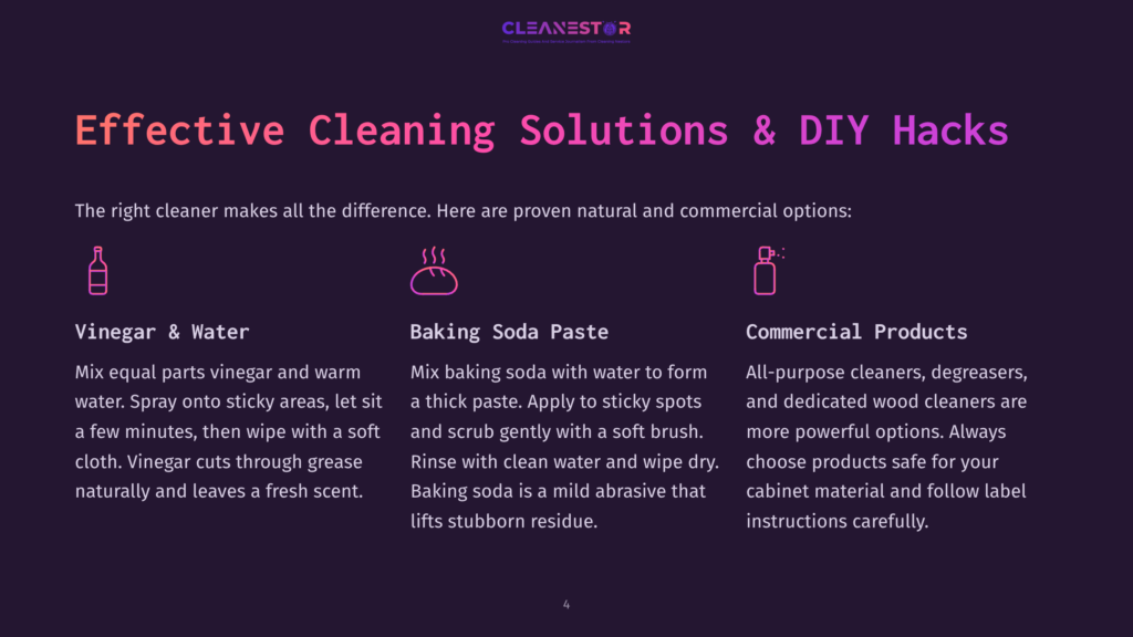 Image With Text: &Quot;Effective Cleaning Solutions &Amp; Diy Hacks&Quot; And Sections On Vinegar &Amp; Water, Baking Soda Paste, And Commercial Products, With Icons Representing Each.