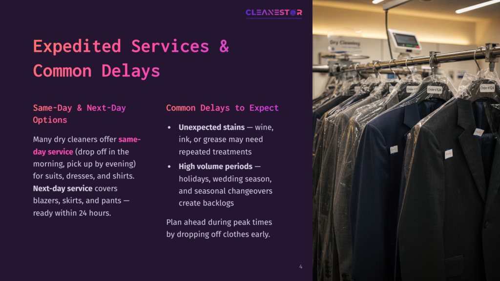 Dry Cleaning Racks With Suits And Dresses In Plastic Garment Bags, Labeled With Order Numbers. Text Overlay Reads &Quot;Expedited Services &Amp; Common Delays.