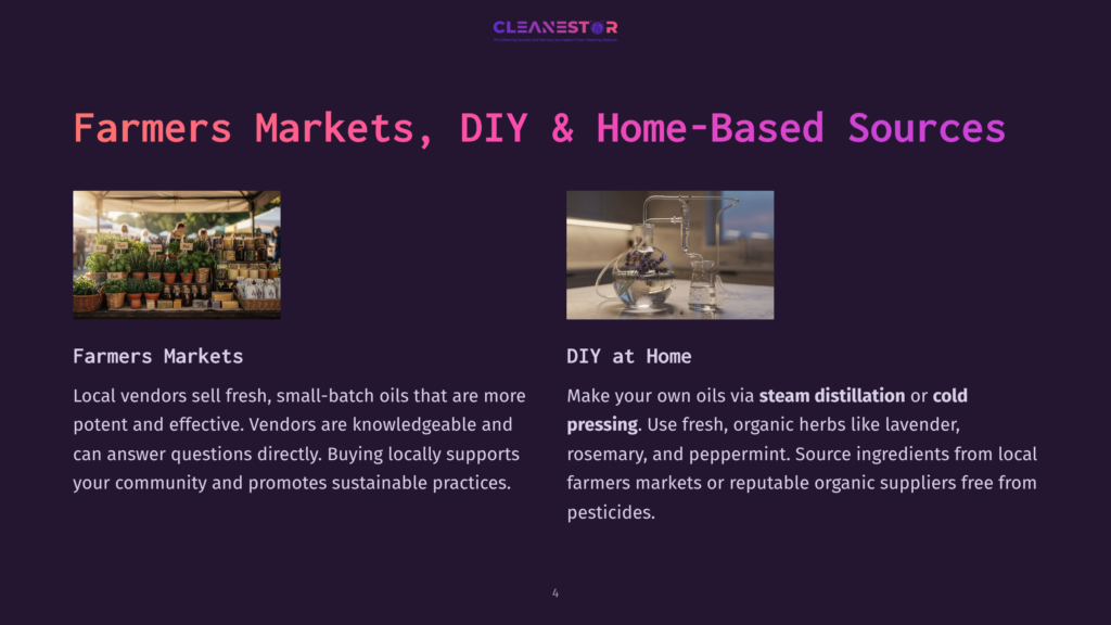 4 Farmers Markets Diy And Home Based Sources A Vibrant Farmers Market Stall Overflowing With Fresh Produce And Plants, With A Sign For &Quot;Farmers Markets&Quot; Below. To The Right, A Diy Distillation Setup With Glass Tubes And Beakers Is Labeled &Quot;Diy At Home.