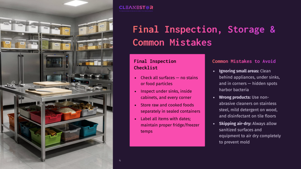 4 Final Inspection Storage And Common Mistakes A Commercial Kitchen With Stainless Steel Appliances And Shelves Stocked With Ingredients. The Text &Quot;Cleanestor&Quot; And &Quot;Final Inspection, Storage &Amp; Common Mistakes&Quot; Is Visible.