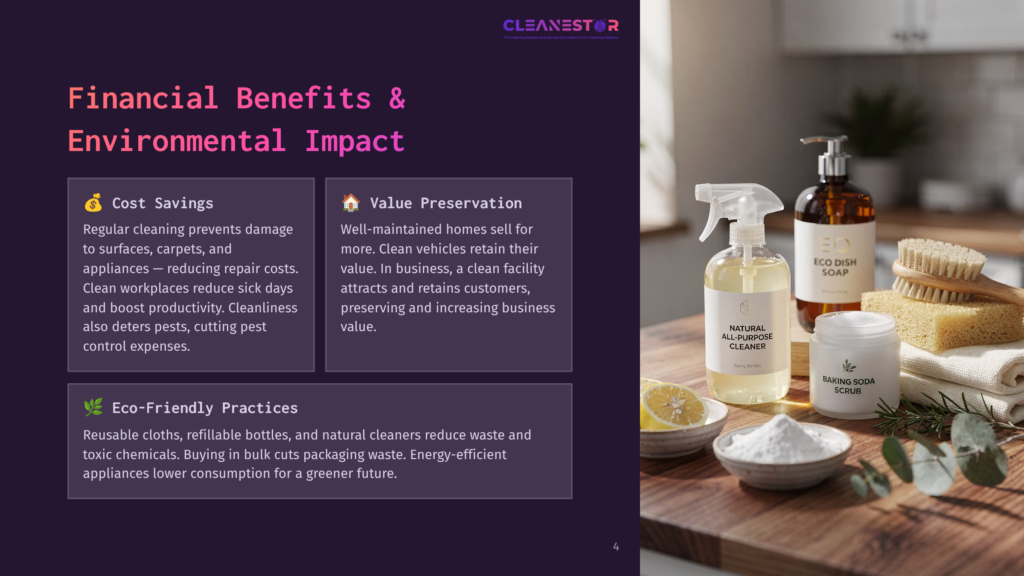 Eco-Friendly Cleaning Products Including A Spray Bottle Labeled &Quot;Natural All-Purpose Cleaner&Quot;, A Jar Of Baking Soda Scrub, And A Bottle Of Eco Dish Soap Are Arranged On A Wooden Counter With Lemons And Eucalyptus Leaves.