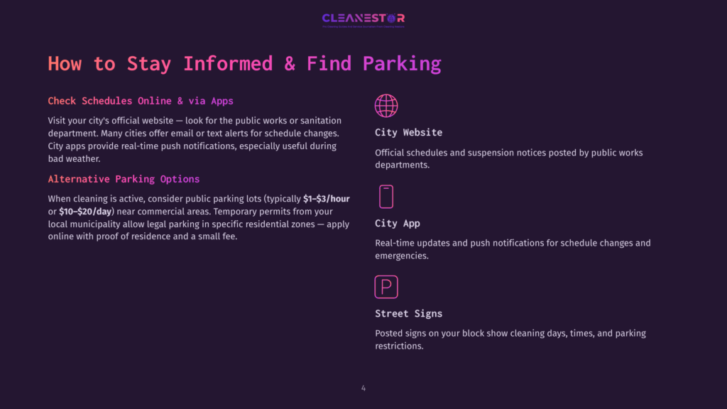 A Dark Purple Background With The Text &Quot;Cleanestor&Quot; At The Top, And &Quot;How To Stay Informed &Amp; Find Parking&Quot; As A Large Heading. Below The Heading Are Sections On &Quot;Check Schedules Online &Amp; Via Apps&Quot; And &Quot;Alternative Parking Options,&Quot; With Icons For A Globe And A Smartphone. To The Right Are Sections &Quot;City Website&Quot; And &Quot;City App,&Quot; With Icons For A Globe And A Smartphone, And &Quot;Street Signs&Quot; With A Parking Symbol.