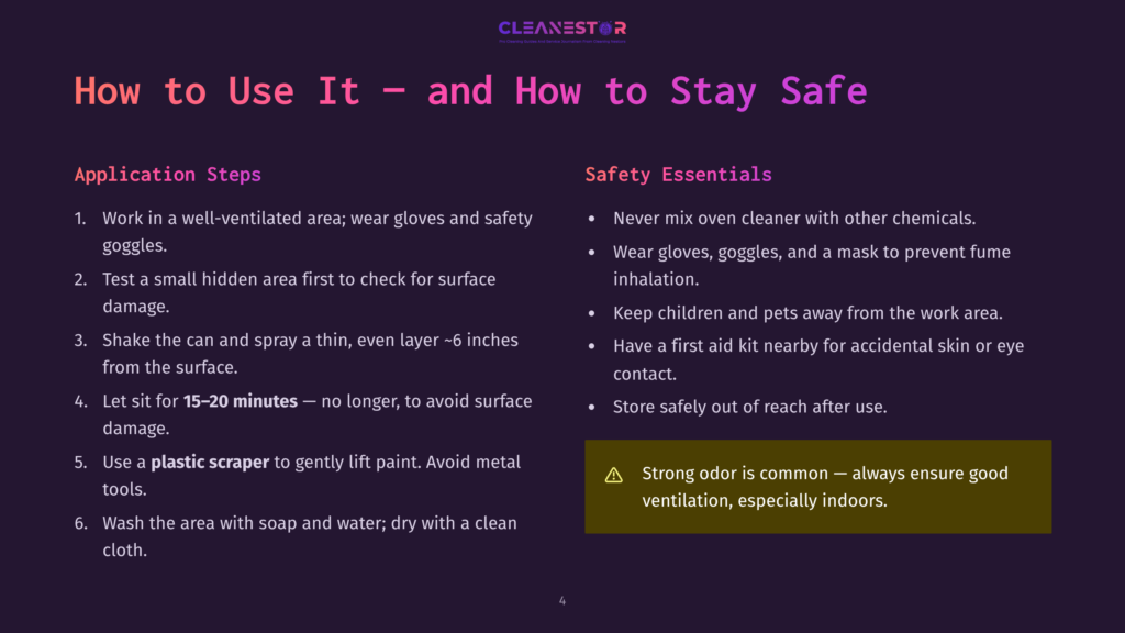 How To Use It And How To Stay Safe: Application Steps And Safety Essentials For Cleaning, Including Ventilation, Gloves, And Goggles.