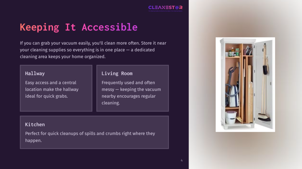 A Tall, White Storage Cabinet With Doors Open, Revealing Cleaning Supplies Like Vacuums, Brooms, And Bottles, Organized Neatly Inside. The Cabinet Is Positioned On The Right Side Of A Dark Purple Background With Text About Keeping Cleaning Supplies Accessible.