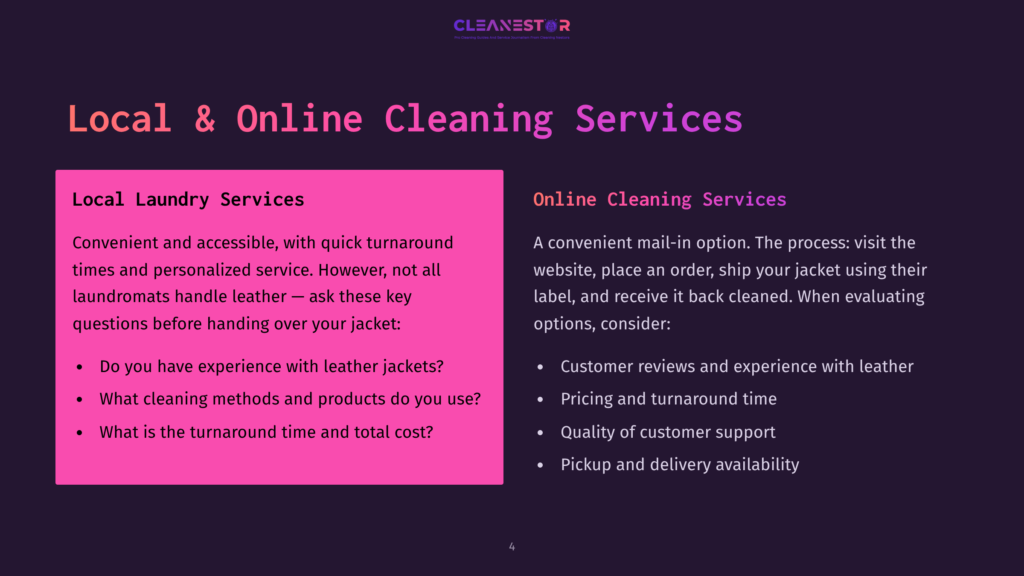 Two Distinct Sections Highlight &Quot;Local Laundry Services&Quot; With Bullet Points And &Quot;Online Cleaning Services&Quot; With Bullet Points, Contrasting Convenient Local Options With Mail-In Online Cleaning Services.