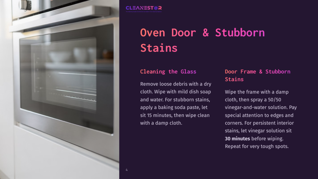 Close-Up Of A Clean, Modern Stainless Steel Oven Door With A Glass Window, Featuring The Text &Quot;Cleanestor Oven Door &Amp; Stubborn Stains&Quot; And Cleaning Instructions.