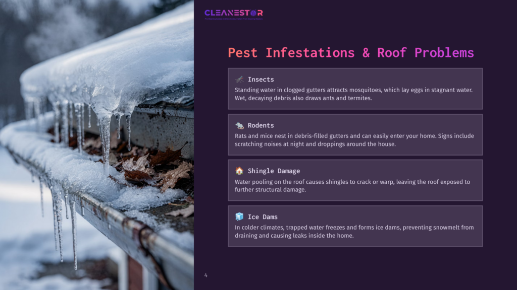 4 Pest Infestations And Roof Problems Icicles Hang From A Snow-Covered Roof And Clogged Gutters, With Fallen Leaves Visible Below. Text Overlay Reads: &Quot;Cleanestor Pest Infestations &Amp; Roof Problems&Quot;.