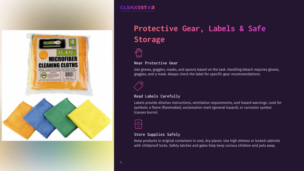 Four Microfiber Cleaning Cloths In A Clear Plastic Bag, With A Label Showing &Quot;4 Pack 12&Quot; X 12&Quot; Microfiber Cleaning Cloths.&Quot; Three Loose Cloths In Orange, Blue, And Green Are Shown In Front Of The Bag.