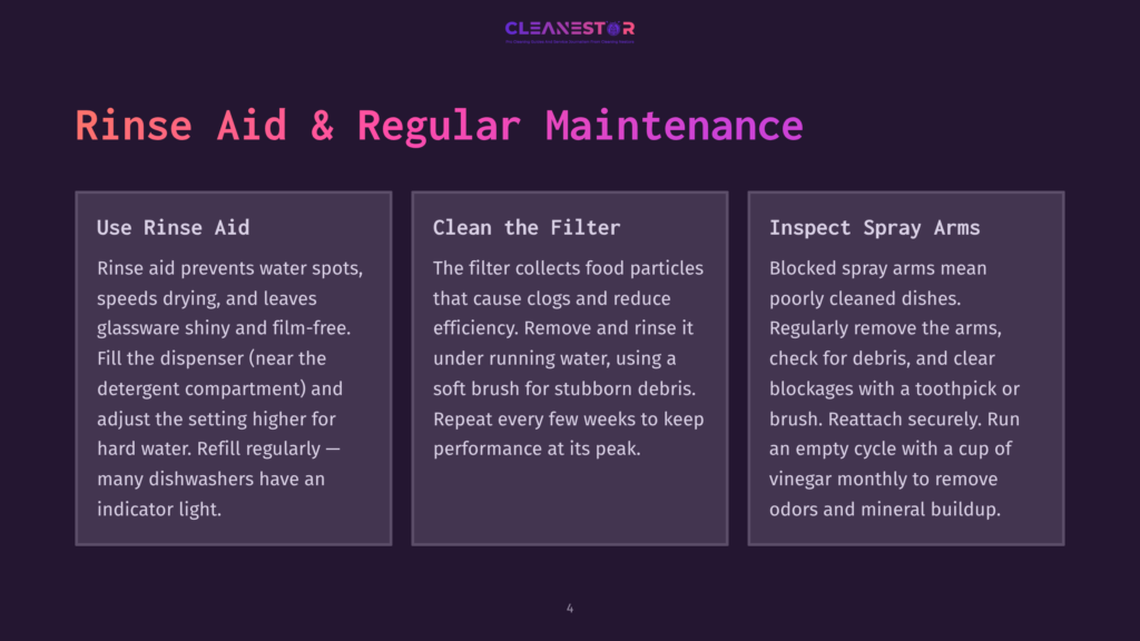 Cleanestor Logo At The Top, With Three Columns Of Text Below: &Quot;Use Rinse Aid,&Quot; &Quot;Clean The Filter,&Quot; And &Quot;Inspect Spray Arms,&Quot; Offering Tips For Dishwasher Maintenance.
