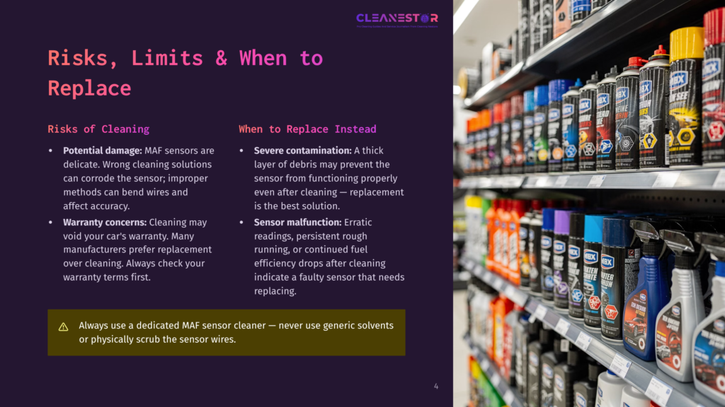 A Retail Shelf Displays A Variety Of Automotive Cleaning And Maintenance Products, Including Maf Sensor Cleaners, Engine Degreasers, And Tire Shines, With A &Quot;Cleanestor&Quot; Logo Visible At The Top.