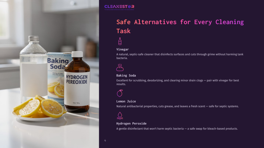 A Bottle Of Hydrogen Peroxide And A Box Of Baking Soda Sit Next To Lemons And A Jar Of Vinegar, Illustrating Safe Cleaning Alternatives.