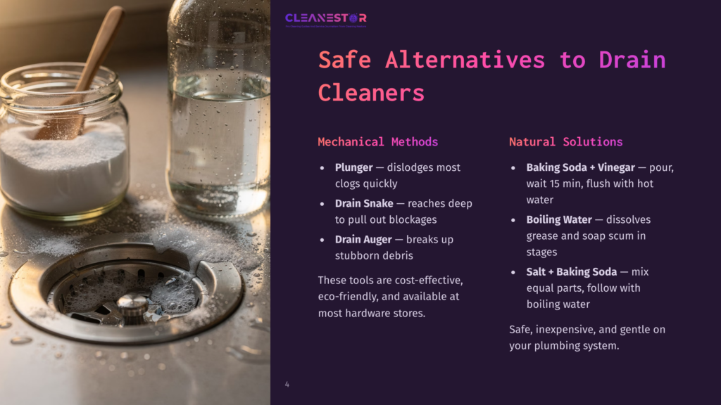 Close-Up Of A Kitchen Sink Drain With A Glass Jar Of Baking Soda And A Bottle Of Water Next To It. The Image Shows Safe Alternatives To Drain Cleaners, With Text Overlaying The Right Side Of The Frame.