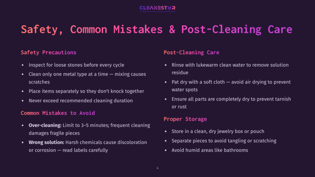 Slide Titled &Quot;Safety, Common Mistakes &Amp; Post-Cleaning Care&Quot; With Bullet Points On Safety Precautions, Common Mistakes To Avoid, And Post-Cleaning Care And Storage Tips.