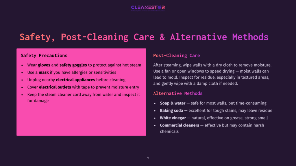 Safety Precautions For Post-Cleaning Care, Including Wearing Gloves, Masks, And Electrical Appliance Safety, And Alternative Cleaning Methods Like Soap, Baking Soda, And White Vinegar.